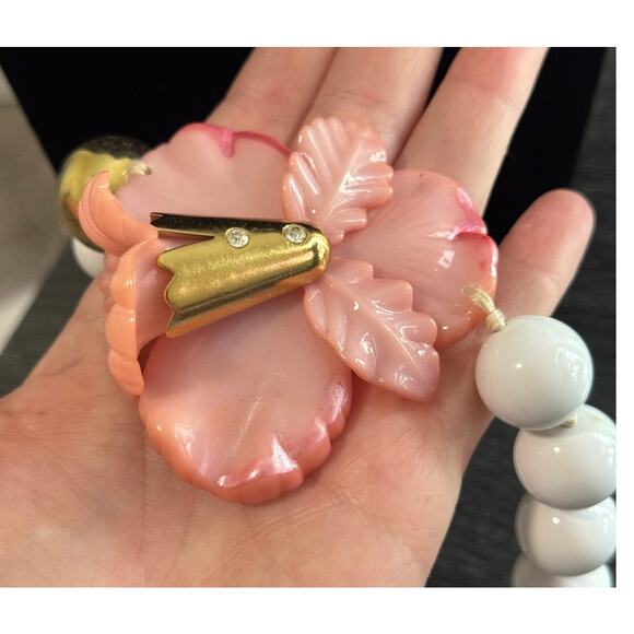 Vintage Large Statement Beaded Pink Hibiscus With White And Gold Tone Beads - Picture 4 of 6